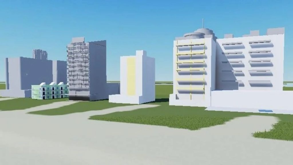 Image of numerous buildings created by WideCommunication2 as part of their Roblox GTA 6 project.