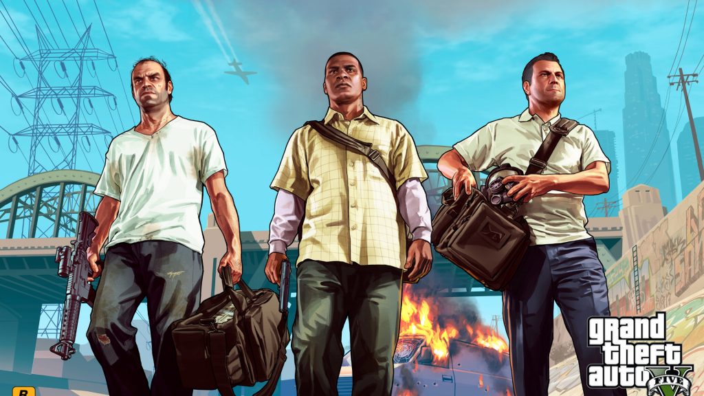 Screenshot of the GTA 5 wallpaper featuring the artwork of all three main characters.