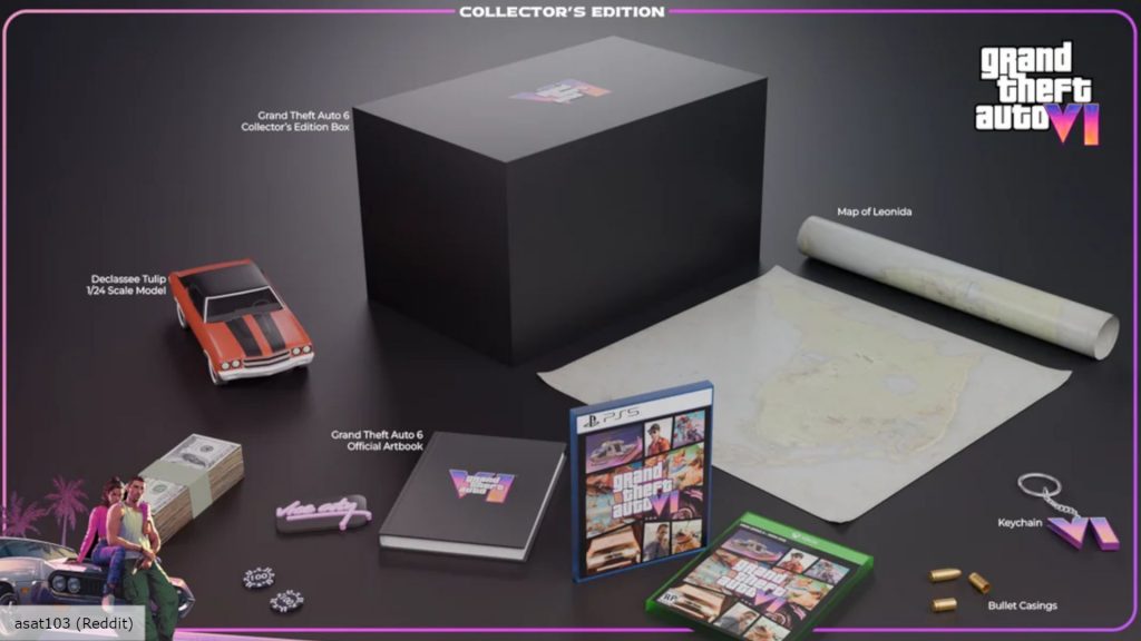 Sceenshot of Reddit user asat103's GTA 6 collector's edition concept with map, keyring, game, and other items on display