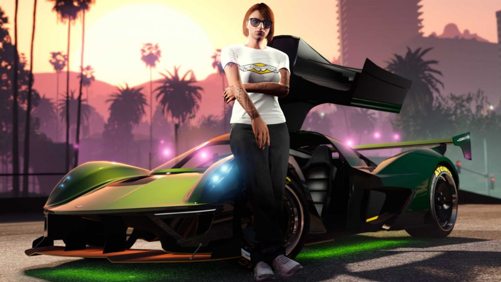 Screenshot of a character in a Dewbauchee Tee for May 23 GTA Online update